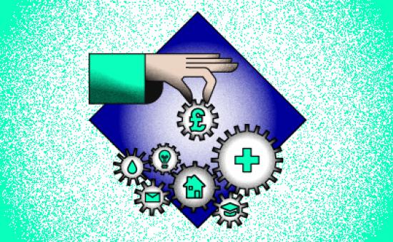 Illustration featuring fingers removing money cog from an interlinked series of cogs